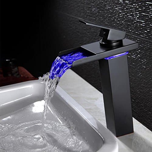 Lcoaung Basin Faucet Toilet Basin Faucet Heightening Led Single Hole Copper Waterfall Faucet,Led Temperature Control High Black