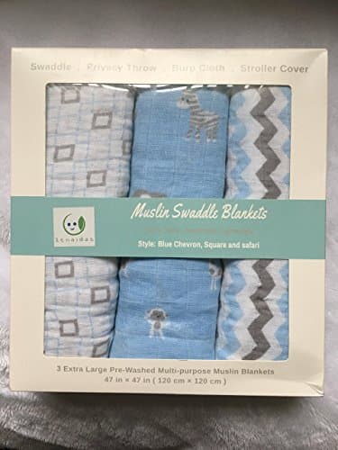 Muslin Baby Swaddle Blankets by Zenaidas (3 Pack) - 100% Cotton, Soft, Stylish, Multi-Use Blankets 47 x 47 (Blue/Gray/White - Chevron, Square, Safari Collection