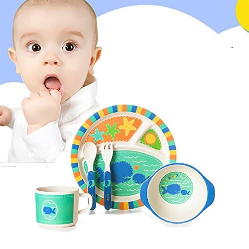 Bamboo Kids Meal Set(5Pacs)Kids Plate Set,Toddler Dinner Set,Eco-Friendly Bamboo Dishes,Food-Safe Feeding Set for Toddlers and Little Kids,Boys and Girls,Cute Cartoon Animal Tableware(Owls, Whale, Sharks) (Whale)