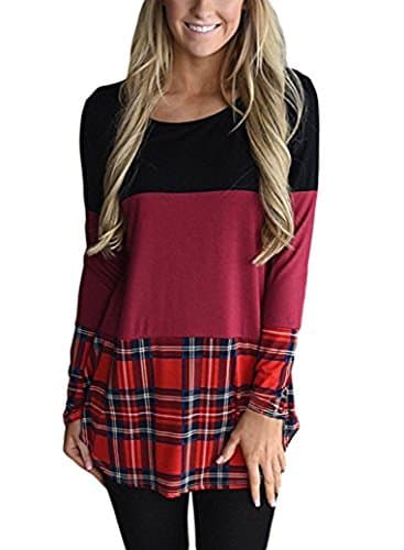 SocoToo Womens Back Lace Color Block Tunic Tops Casual Long Sleeve T-Shirts (XX-Large, Wine Red)
