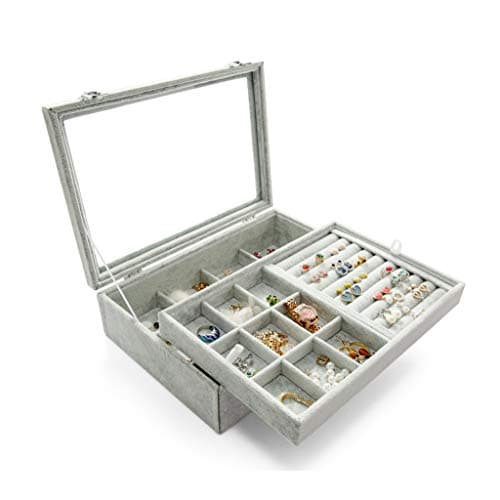 XFPINK Jewelry Box Portable Travel Small Glass Tray Display Double layer Clear Transparent Organiser Compact Size for Women Girls Gift Box