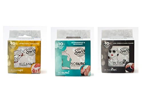 Savvy Travelers 10 Antiperspirant and deodorant Wipes - 10 Antibacterial Hand and Body Wipes - 5 Lens Cleaning Wipes