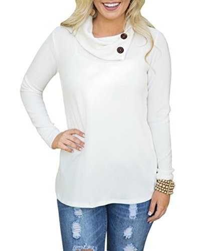 Oeyal Women's Casual Long Sleeve Button Embellished Side Split Cowl Neck Sweater, White, Medium