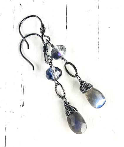 Labradorite Dangle Earrings Oxidized Sterling Silver Gemstone Jewelry Minimalist Handmade Artisan Drops
