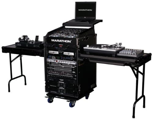 Marathon Flight Road Case MA-11M16UCT2LTBLK Black Series - 11u Slant MiXer Rack - 16u Vertical Rack System with Caster Board and Table On Both Sides and Laptop Shelf Case