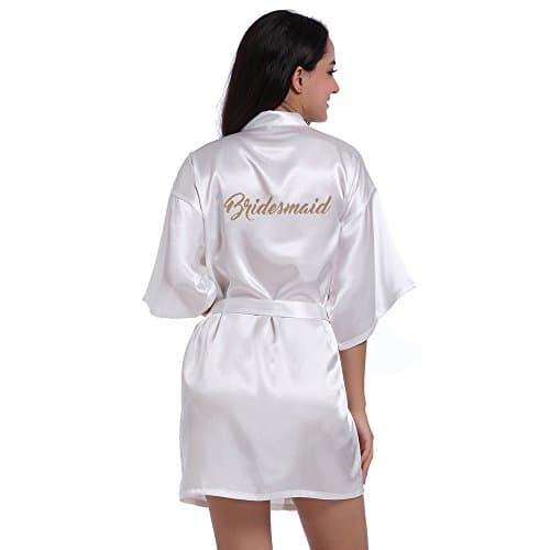 TheRobe Women's Pure Colour Bridesmaid Edition Kimono Robes With Gold Glitter For Wedding Party (White, XL)