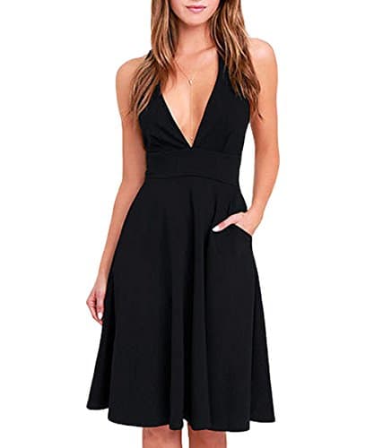 Fover Women's Deep V Neck Sleeveless Knee Length Party A-line Dress with Pockets, Black, X-Large