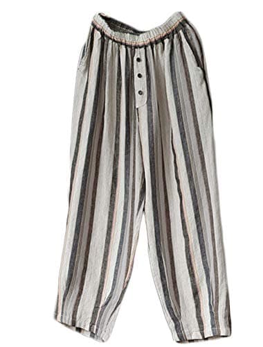 Women's Striped Wide-Leg Cropped Pants Linen Capri Harem Casual Trousers