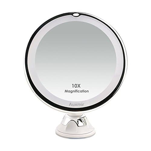 Auxmir 10X Magnifying LED Lighted Makeup Mirror, Vanity Mirror with 14 Natural White LED, Suction Base & 360° Rotation, Ideal for Bathroom & Travel, Batteries Included, Round, 5.12"