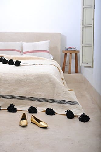 Queen of Spade. Moroccan Pom Pom Blanket Throw, Quilt, Bedding, Wool. Small (59 x 59 inches / 1.5 x 1.5 m)