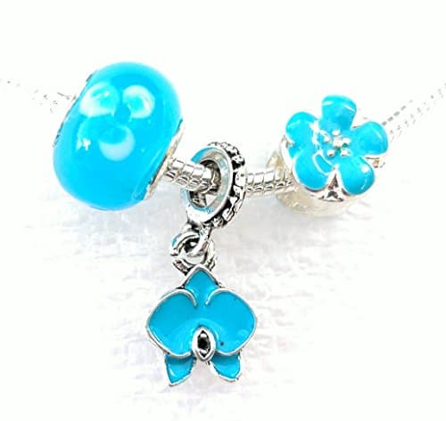 Aqua Orchid Flower Enamel Silver Charm Beads 3 Pcs Set for European Style Bracelets Big Hole