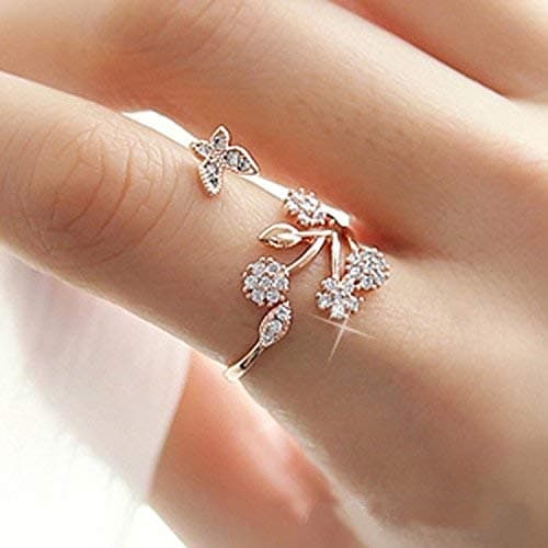 925 Sterling Silver Adjustable Size Butterfly Trees Engagement Ring for Color Silver, Rose Gold (one size,Rose Gold)