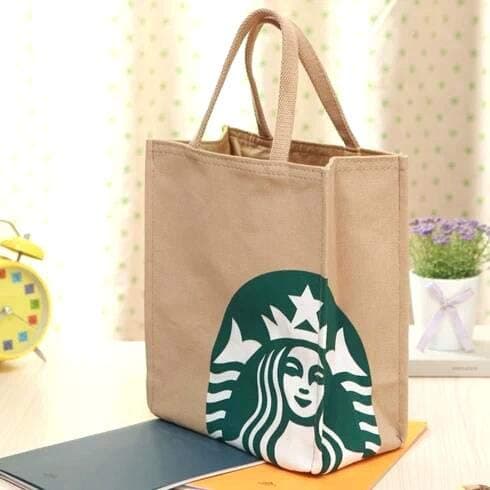 Starbucks New Logo Beige Tote Bag, Casual Anywhere Canvas Lunch Bag Handbag Limited Edition Authentic (Small)
