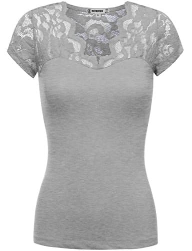 THENEWNEW Womens Short Sleeve V-Neck T-Shirt With Lace Detail HEATHER GRAY 3X-LARGE