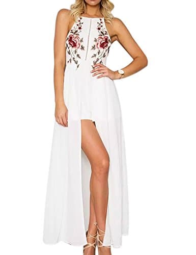 LILY ROSIE GIRL Women's Casual Romper Embroidery Sexy Playsuits Backless Strap Off Shoulder Party Jumpsuit,White,Medium