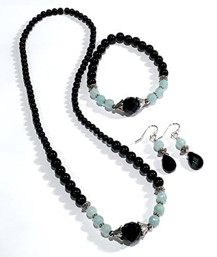 Handmade Black Onyx, Aqua Dyed Snow Quartz and Black Tourmaline Stretch Healing Necklace 17 inches, Bracelet Wrist Size 6 to 7 and Earrings Set