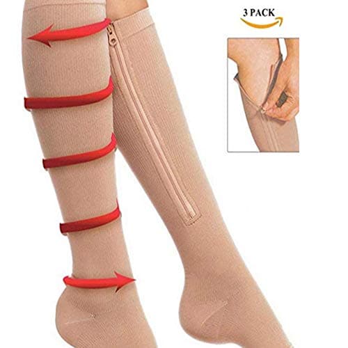 YAOBAO Compression Socks,New Compression Zip Sox Socks Stretchy Zipper Leg Support Unisex Open Toe Knee Stockings, (3 Pack)