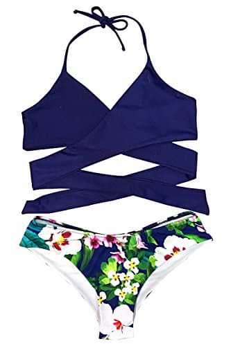 Seaselfie Women's Floral Front Cross Halter Padding Bikini Set Beach Swimwear XX-Large