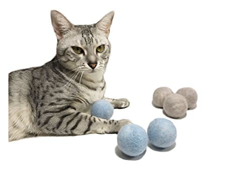 100% Wool Felt Cat Ball Toy- All Natural- Safe, Eco-Friendly-6 Pack- Blue/Gray