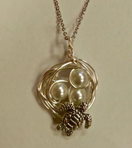 Sea Turtle or Tortoise Nest or Turtle Rescue Pendant with 3 White Glass Pearl Eggs on a 24 inch stainless steel link chain necklace