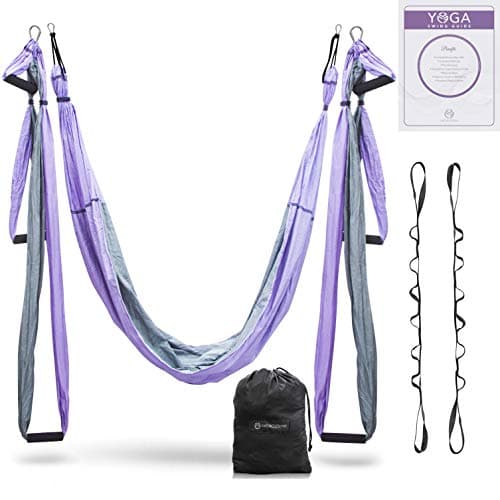 UpCircleSeven Aerial Yoga Swing Set - Yoga Hammock/Trapeze/Sling Kit + Extension Straps & eBook - Antigravity Ceiling Hanging Yoga Sling - Inversion Swing for Beginners & Kids (Purple/Grey)