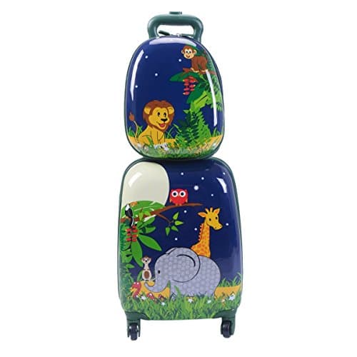 2Pc 12" 16" Kids Carry On Luggage Set Upright Hard Side Hard Shell Suitcase Travel Trolley ABS (Elephant & Lions)