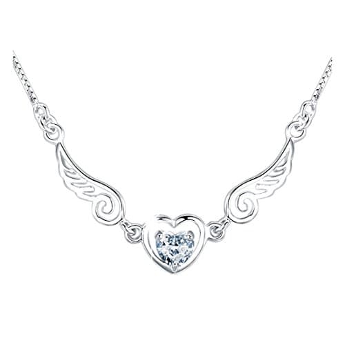 Women's Sterling Silver Angel Wings With Heart-Shaped Crystal Pendant Necklace