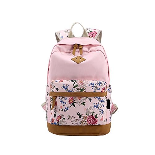 Women's Korean Version of the Canvas Shoulder Bag Floral Stitching Large Capacity Travel Bag Computer Backpack (pink)
