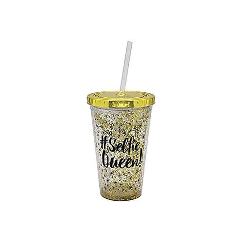 Black Gold Glitter Girly Reusable Plastic Cooler Cup with Lid and Straw - #Selfie Queen
