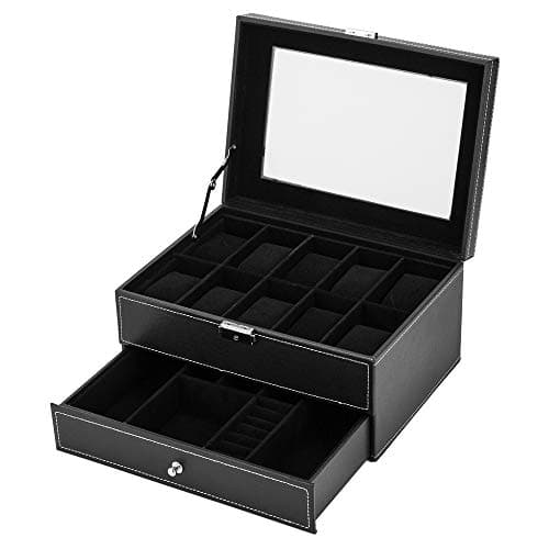 SONGLAN 10 Slot Watch case Men's Watch Storage Box Lockable Jewelry Display case with Real Glass top Faux Leather (Black)