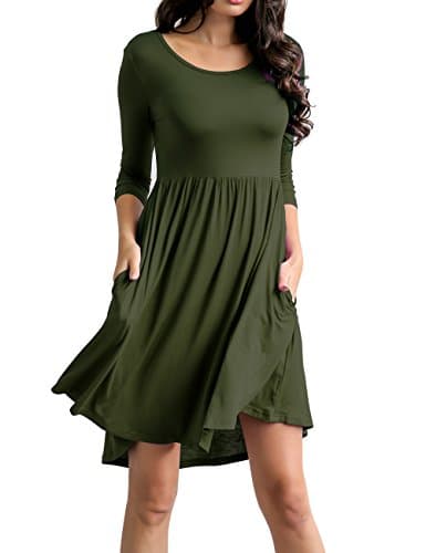 AAMILIFE Women's Scoop nceck 3/4 Sleeve Pockets Pleated Loose Casual Swing Mini Dresses Army Green L