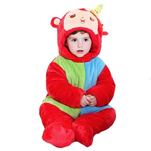 Infant Coats Winter thickening jeans 0-1-2 years old male and female baby pack feet cotton winter clothes out creep (59 cm, Red rainbow monkey thick H2275)