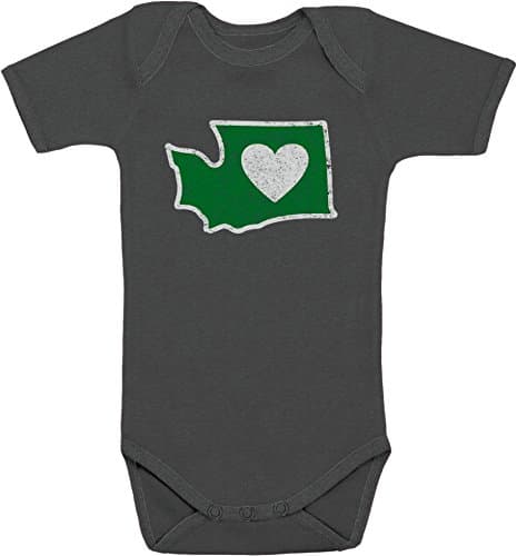 Heart in Washington Infant Onesie / 6 Month/Heather Charcoal 100% Super Soft Cotton & Vintage Green State and White Heart Design. Gift for Baby Shower Baby boy Girl Newborn, Grandchild Seattle PNW