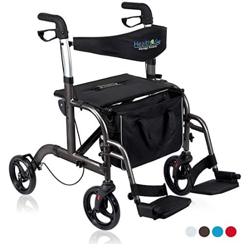 Health Line Combination Rollator and Transport Chair w/Paded Seatrest, Reversible Backrest, Detachable & Adjustable Footrests, Titanium