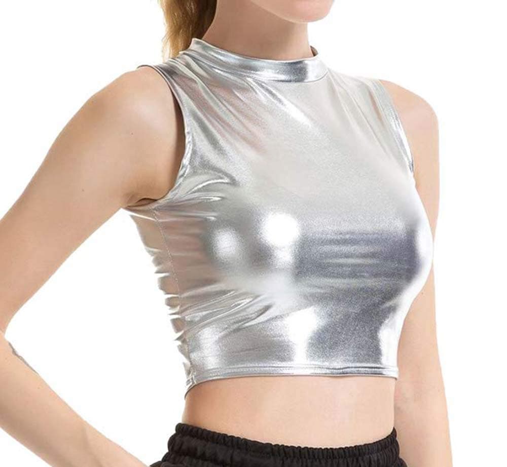 Women's Shiny Wet Look Tank Top Mock Neck Turtleneck Crop Tops Dancewear