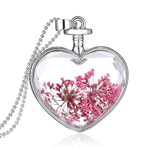 Rosimall Queen Anne's Lace Forget Me Not Real Dry Flower Heart Glass Bottle Pendant Necklace Gift