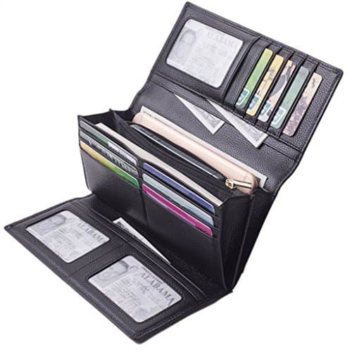 RFID Blocking & Protecting Genuine Leather Wallet for Women – Huge Capacity, Ultra Compact, Zipper, Snap, ID Window (Black) (Black)