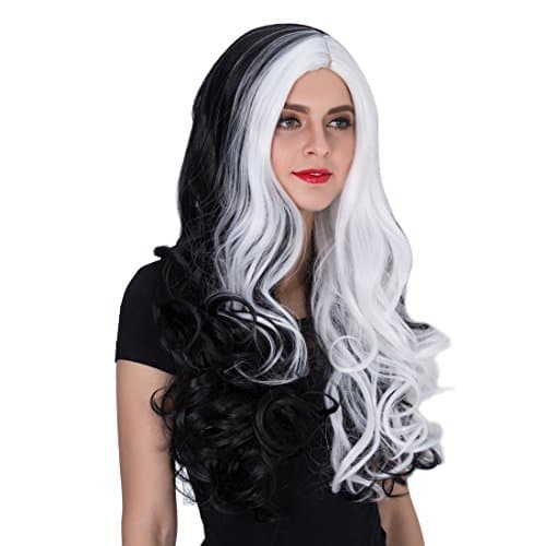 Ecvtop 70cm Long Wavy Highlight Colored Spiral Heat Resistant Fiber Synthetic Wig ,Black and White