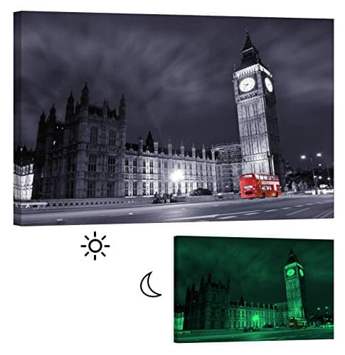 LightFairy Glow in The Dark Canvas Painting - Stretched and Framed Giclee Wall Art Print - Big Ben at Night - Master Bedroom Living Room Decor - 6 Hours Glow - 36 x 24 inch