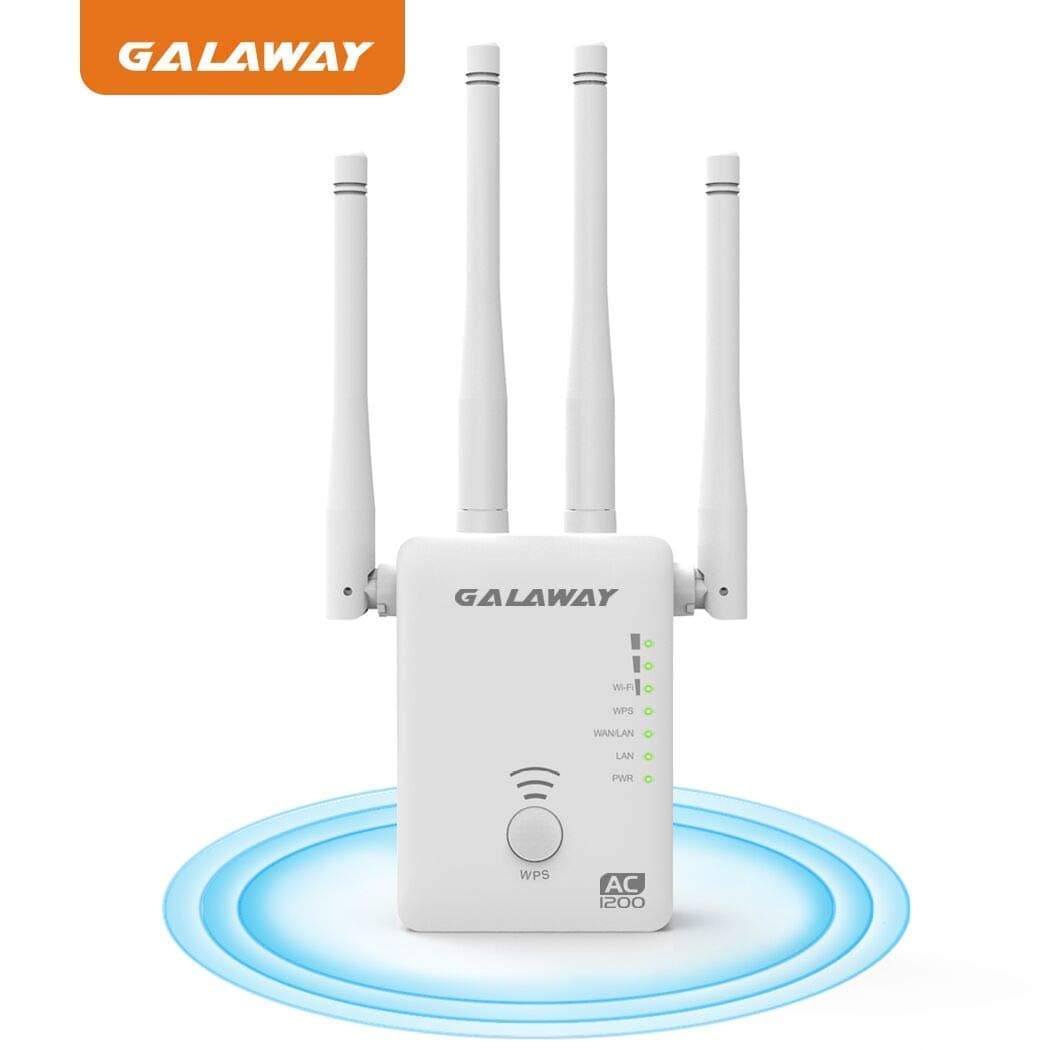 WiFi Extender, GALAWAY Upgraded AC1200 Dual Band WiFi Range Extender Wireless Repeater Internet Signal Booster with 4 High Power External Antennas 2 Ethernet Ports for Whole Home WiFi Coverage