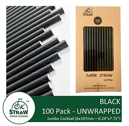 Biodegradable Paper Straws by OKSTRAW for Restaurants, Cafes, Party Supplies, Birthday, Wedding, Bridal/Baby Shower Decorations and Celebrations (100, Black)