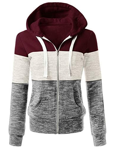 Womens Long Sleeve Zip Up Hoodie Top Color Block Basic Casual Hooded Sweatshirt