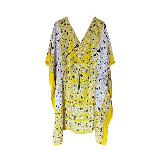 Short Yellow Elephant Printed Kaftan Women's Free Size Top Poncho Dress Beach Cover Up Mini Dress