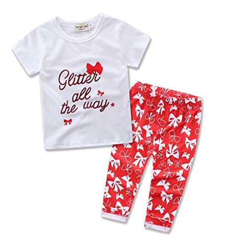 samgani baby Little Kids Girls Short Sleeve Letters Print T-Shirt and Bow Long Pants Outfit Baby Cotton Set 6M-3Y (100)