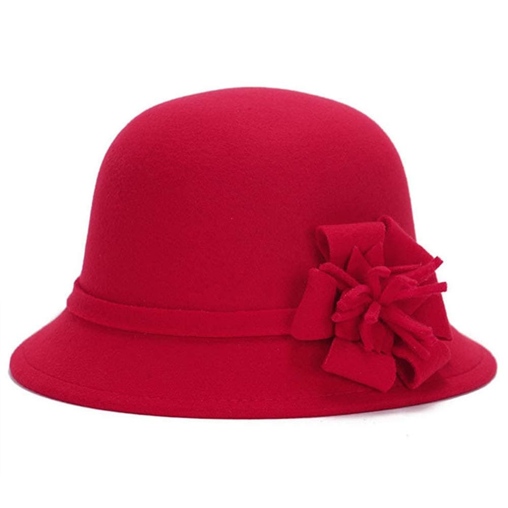 EBILUN Women Flower Felt Hat, Vintage Stylish Imitation Wool Winter Cloche Bucket Cap with Flower Cap