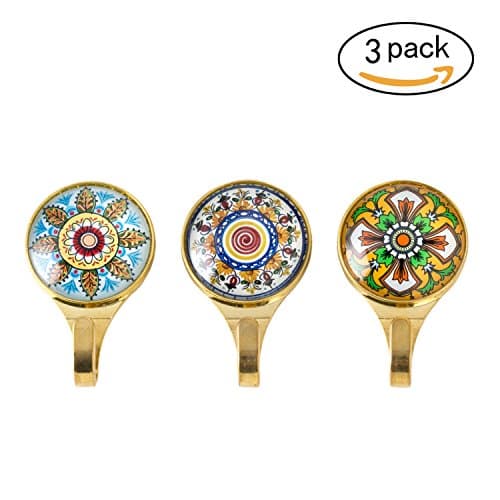 Flower Decorative Solid Wall Hooks(Set of 3) - Metal Hooks with Glass Design of Psychedelic Flowers - Easy Installation & Screws Included - Heavy Things No Problem