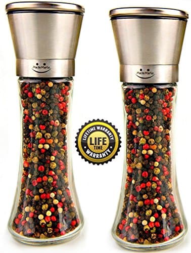 Premium Salt and Pepper Grinder Set of 2 with 5 Grade Precision Ceramic Rotor Manual Pepper Mill and Salt Mill - Brushed Stainless Steel 6 Oz Glass Tall Body - MadeMarle
