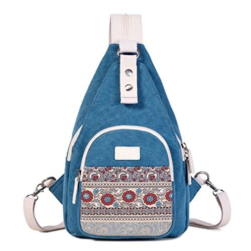 KKDKXW Women's Canvas Shoulder Bag Retro Style Daily Travel Small Backpacks Bag Female Casual Floral Chest Bags lake blue