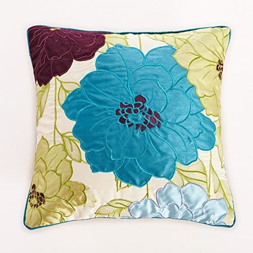 LCArtStore Blue & Yellow Embroidered Dahlia Floral motifs 18x18 Inch Cotton Linen Decorative Pillow Case Throw Pillow.