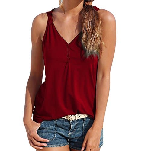 Womens V Neck Tank Tops SADUORHAPPY Solid Color Sleeveless Henley Shirts Button Up Casual Tunic Tees